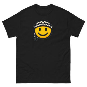 Free Palestine Smiley T-Shirt - Bold Yellow Design with Keffiyeh Emoji - Support Palestine